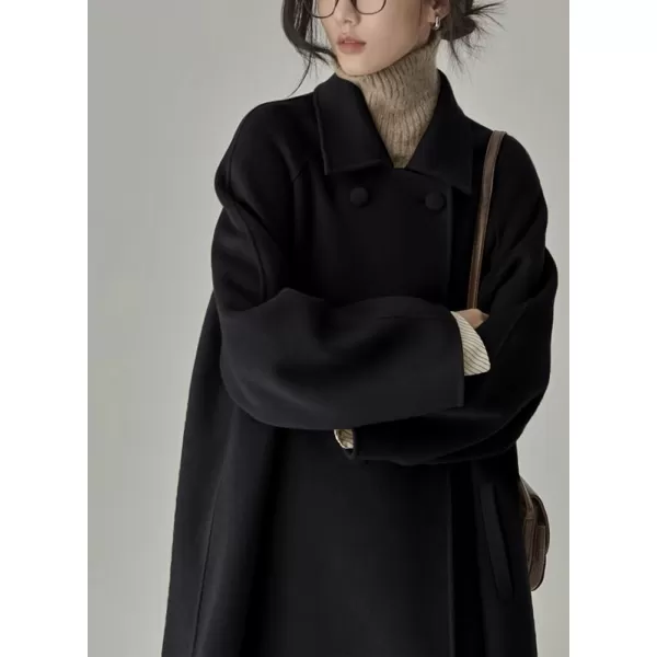 imagechouyatou Womens Winter Business Casual Wool Coat Double Breasted Midi Long Wool Trench CoatBlack