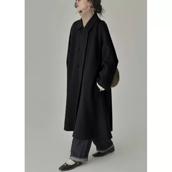 imagechouyatou Womens Winter Business Casual Wool Coat Double Breasted Midi Long Wool Trench CoatBlack