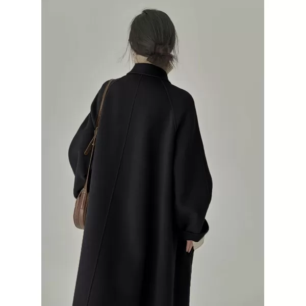 imagechouyatou Womens Winter Business Casual Wool Coat Double Breasted Midi Long Wool Trench CoatBlack