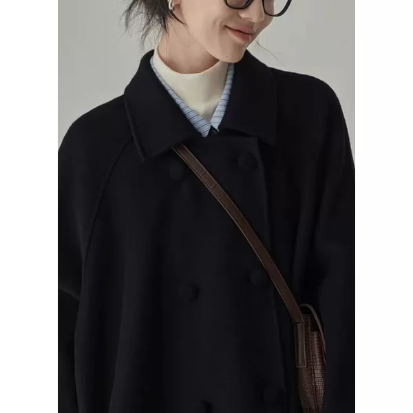 imagechouyatou Womens Winter Business Casual Wool Coat Double Breasted Midi Long Wool Trench CoatBlack