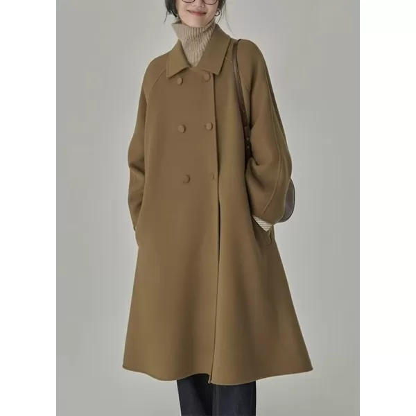 imagechouyatou Womens Winter Business Casual Wool Coat Double Breasted Midi Long Wool Trench CoatKhaki
