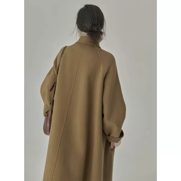 imagechouyatou Womens Winter Business Casual Wool Coat Double Breasted Midi Long Wool Trench CoatKhaki
