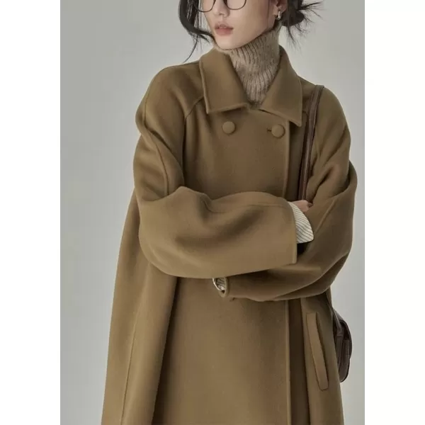 imagechouyatou Womens Winter Business Casual Wool Coat Double Breasted Midi Long Wool Trench CoatKhaki