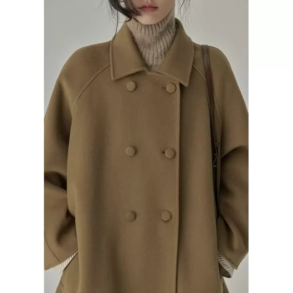 imagechouyatou Womens Winter Business Casual Wool Coat Double Breasted Midi Long Wool Trench CoatKhaki