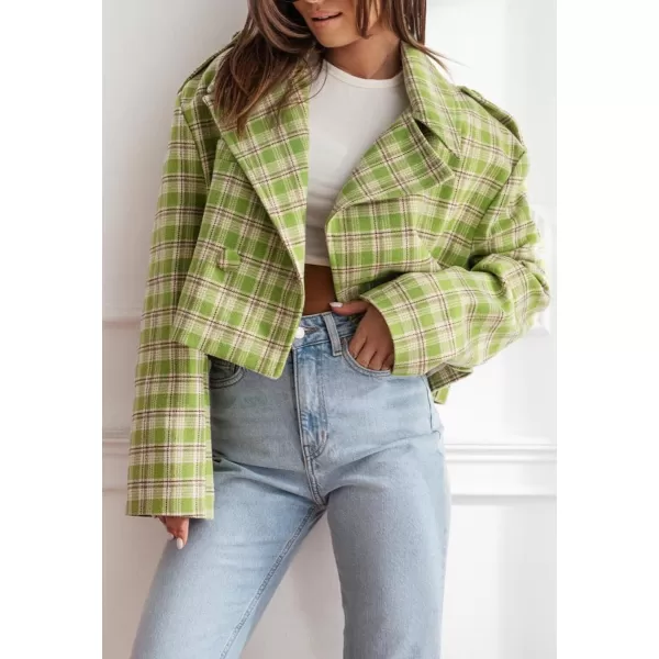 imagechouyatou Womens Winter Double Breasted Plaid Wool Blazer Jacket Business Short Wool Pea CoatGreen