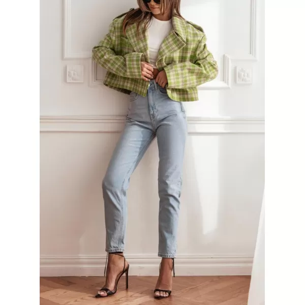 imagechouyatou Womens Winter Double Breasted Plaid Wool Blazer Jacket Business Short Wool Pea CoatGreen