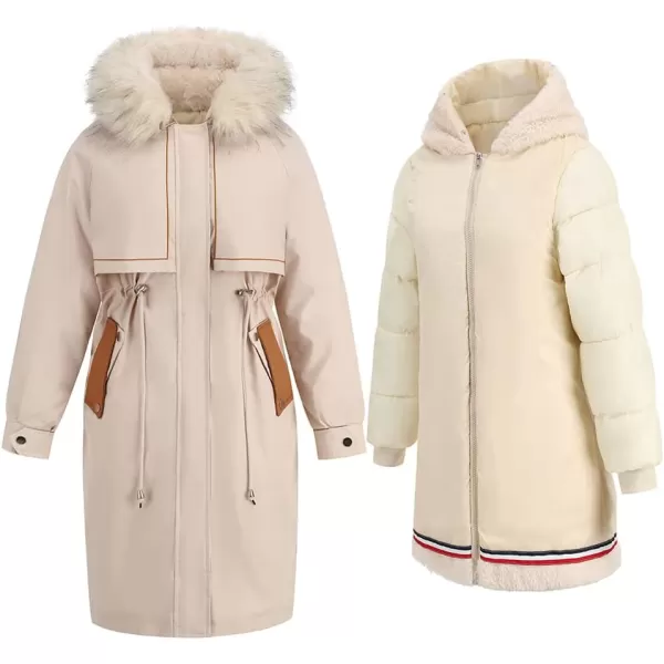 imagechouyatou Womens Winter Puffer Coat Windproof Long Faux Fur Hooded Parka JacketApricot