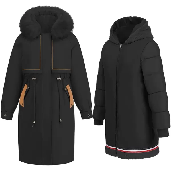 imagechouyatou Womens Winter Puffer Coat Windproof Long Faux Fur Hooded Parka JacketBlack