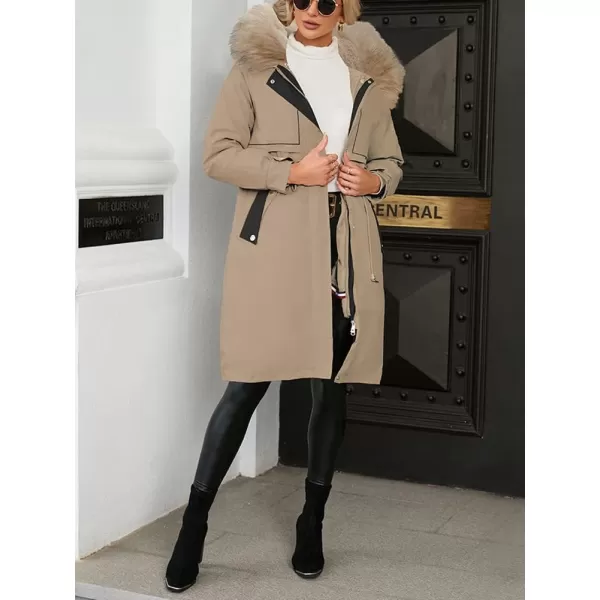 imagechouyatou Womens Winter Puffer Coat Windproof Long Faux Fur Hooded Parka JacketKhaki