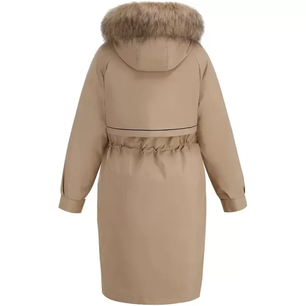 imagechouyatou Womens Winter Puffer Coat Windproof Long Faux Fur Hooded Parka JacketKhaki