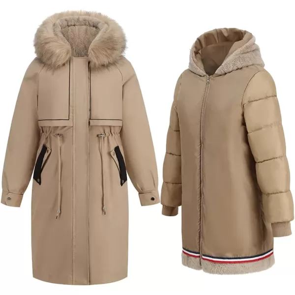 imagechouyatou Womens Winter Puffer Coat Windproof Long Faux Fur Hooded Parka JacketKhaki
