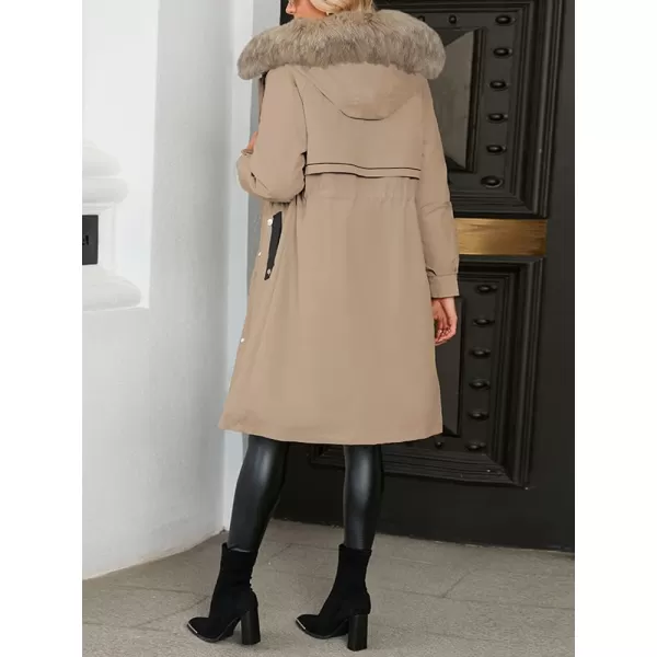 imagechouyatou Womens Winter Puffer Coat Windproof Long Faux Fur Hooded Parka JacketKhaki