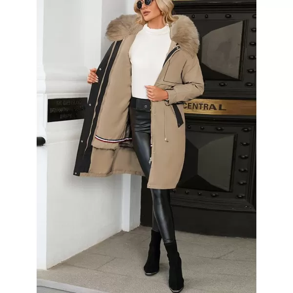 imagechouyatou Womens Winter Puffer Coat Windproof Long Faux Fur Hooded Parka JacketKhaki