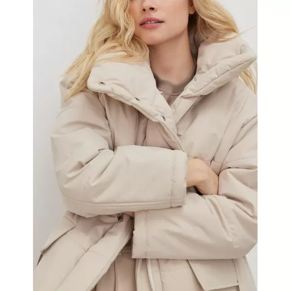 imagechouyatou Womens Winter Stand Collar Belted Mid Long Puffer Jacket Quilted Down Puffer CoatBeige