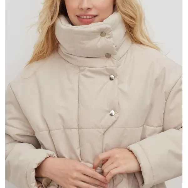 imagechouyatou Womens Winter Stand Collar Belted Mid Long Puffer Jacket Quilted Down Puffer CoatBeige