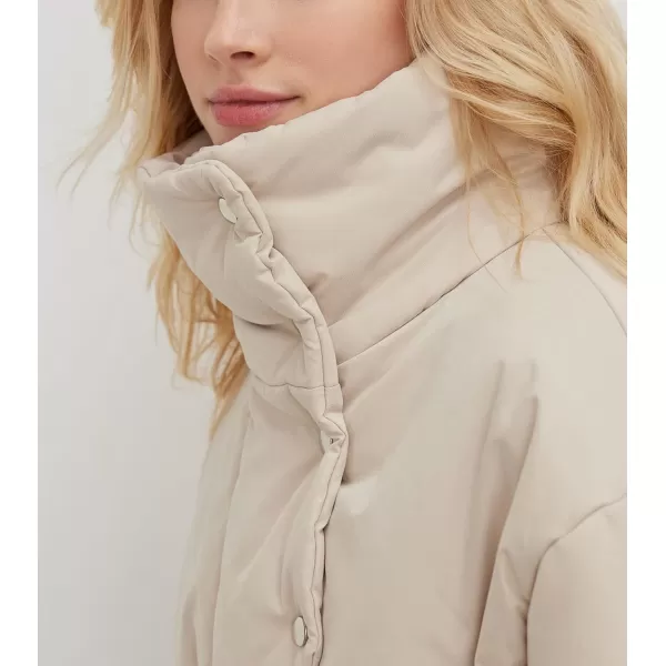imagechouyatou Womens Winter Stand Collar Belted Mid Long Puffer Jacket Quilted Down Puffer CoatBeige