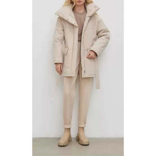 imagechouyatou Womens Winter Stand Collar Belted Mid Long Puffer Jacket Quilted Down Puffer CoatBeige