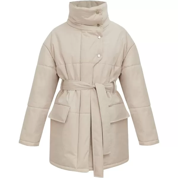 imagechouyatou Womens Winter Stand Collar Belted Mid Long Puffer Jacket Quilted Down Puffer CoatBeige