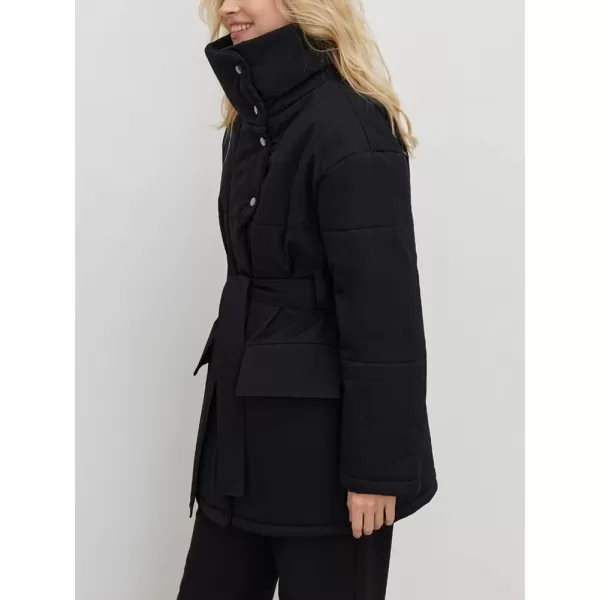 imagechouyatou Womens Winter Stand Collar Belted Mid Long Puffer Jacket Quilted Down Puffer CoatBlack