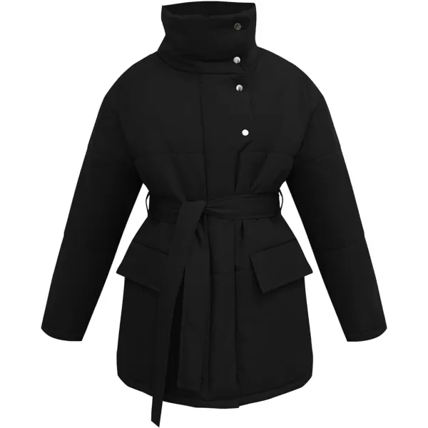 imagechouyatou Womens Winter Stand Collar Belted Mid Long Puffer Jacket Quilted Down Puffer CoatBlack