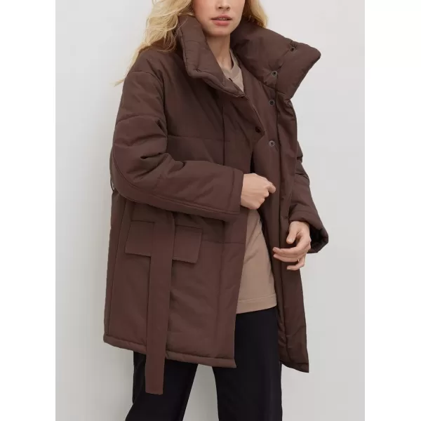 imagechouyatou Womens Winter Stand Collar Belted Mid Long Puffer Jacket Quilted Down Puffer CoatBrown