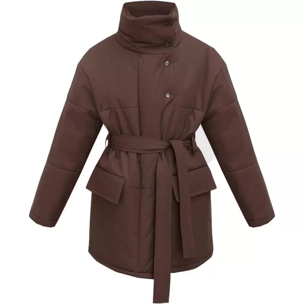 imagechouyatou Womens Winter Stand Collar Belted Mid Long Puffer Jacket Quilted Down Puffer CoatBrown