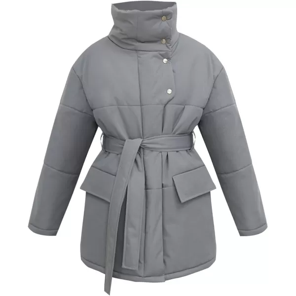 imagechouyatou Womens Winter Stand Collar Belted Mid Long Puffer Jacket Quilted Down Puffer CoatGrey
