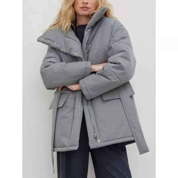 imagechouyatou Womens Winter Stand Collar Belted Mid Long Puffer Jacket Quilted Down Puffer CoatGrey