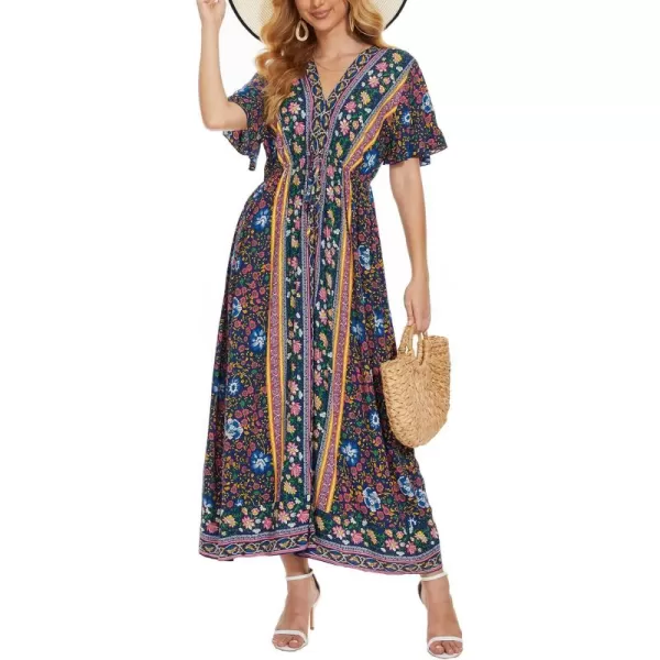 imageWomens Boho Floral Dress Side Split V Neck Ruffle Short Sleeve Summer Belted Maxi DressDeep Blue