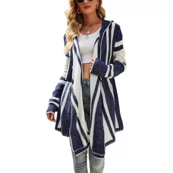 imagechouyatou CHOUAYTOU Womens Irregular Drape Open Front Striped Hooded Cardigan Sweater Boho Casual Coatigan CoatBlue