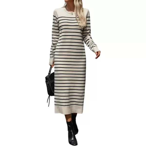 imagechouyatou Long Sleeve Striped Sweater Dresses for Women 2024 Casual Color Block Pullover Midi Long Knit DressApricot