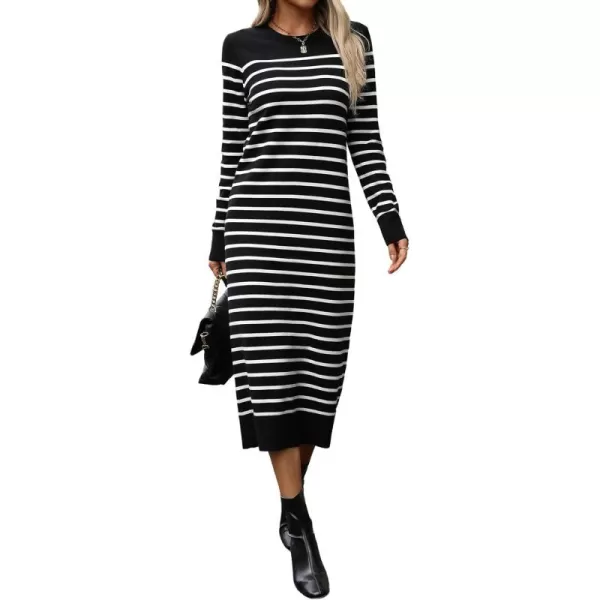 imagechouyatou Long Sleeve Striped Sweater Dresses for Women 2024 Casual Color Block Pullover Midi Long Knit DressBlack