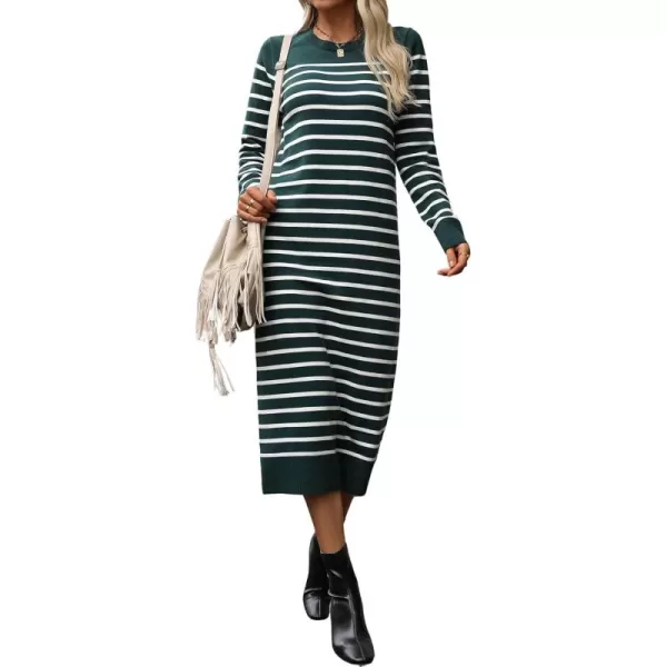 imagechouyatou Long Sleeve Striped Sweater Dresses for Women 2024 Casual Color Block Pullover Midi Long Knit DressDark Green