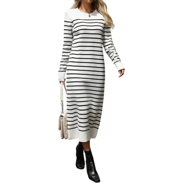 imagechouyatou Long Sleeve Striped Sweater Dresses for Women 2024 Casual Color Block Pullover Midi Long Knit DressWhite