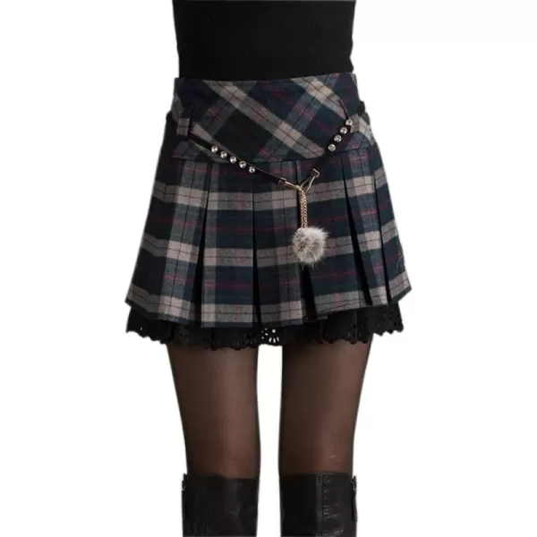 imagechouyatou Womens ALine Plaid Wool Blend Pleated Skirt Side ZipperGray