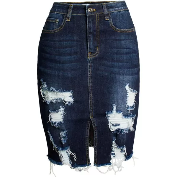 imagechouyatou Womens Bodycon Front Split Frayed Dark Washed Midi Denim Pencil SkirtDark Blue