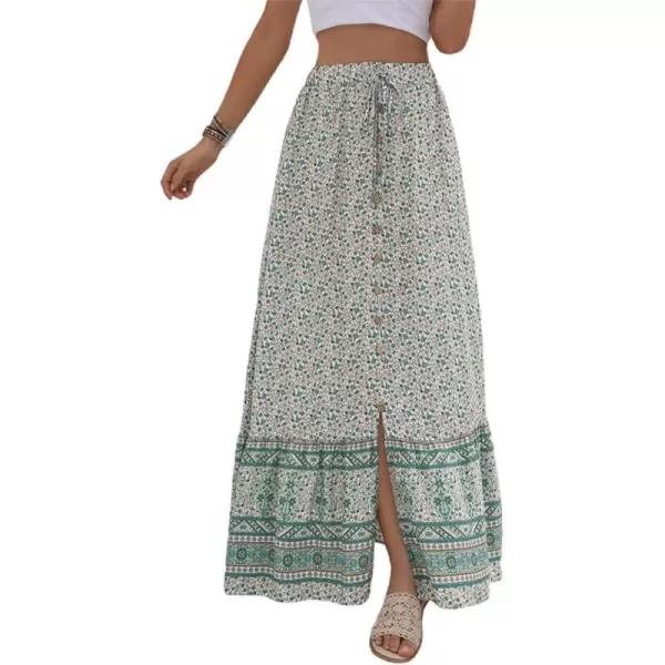 imagechouyatou Womens Boho Elastic Waist ALine Floral Print Maxi Skirt Front SplitGreen
