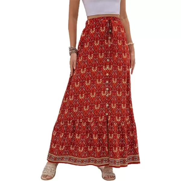 imagechouyatou Womens Boho Elastic Waist ALine Floral Print Maxi Skirt Front SplitRed
