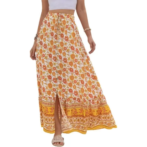 imagechouyatou Womens Boho Elastic Waist ALine Floral Print Maxi Skirt Front SplitYellow