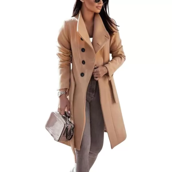 imagechouyatou Womens Business Casual Single Breasted Wool Coat Shawl Collar Midi Long Winter Pea Coat with BeltKhaki