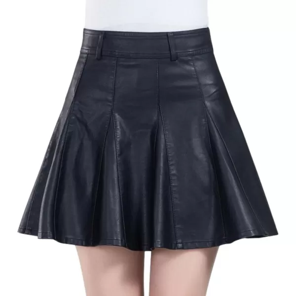 imagechouyatou Womens Casual Side Zipper Flare Pleated Faux Leather Skater SkirtsBlack