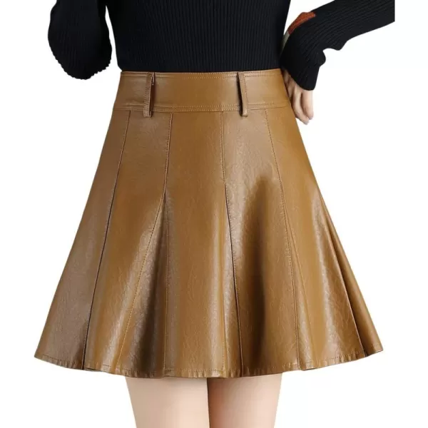 imagechouyatou Womens Casual Side Zipper Flare Pleated Faux Leather Skater SkirtsBrown