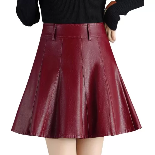 imagechouyatou Womens Casual Side Zipper Flare Pleated Faux Leather Skater SkirtsDark Red