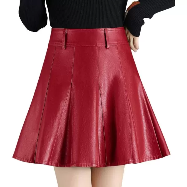 imagechouyatou Womens Casual Side Zipper Flare Pleated Faux Leather Skater SkirtsRed