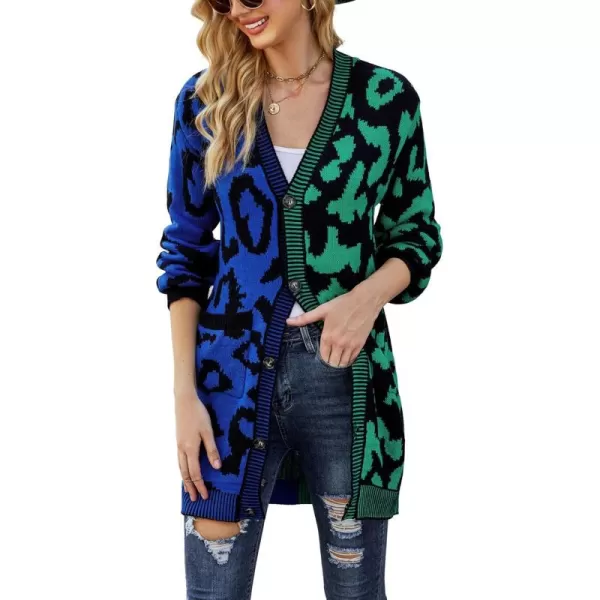 imagechouyatou Womens Color Block Leopard Print Button Down Long Knit Cardigan Sweaters with PocketsGreen