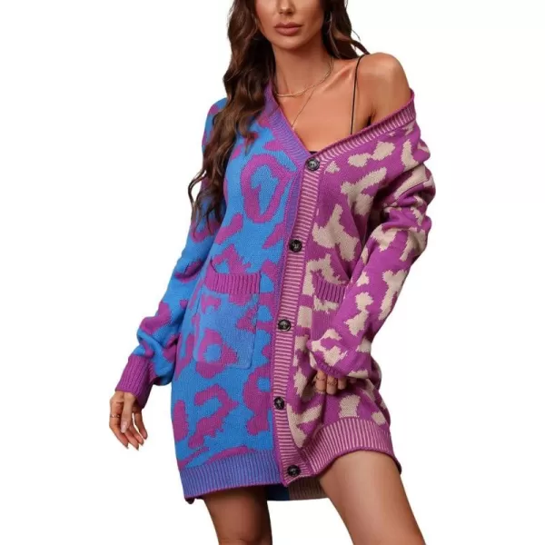 imagechouyatou Womens Color Block Leopard Print Button Down Long Knit Cardigan Sweaters with PocketsPurple