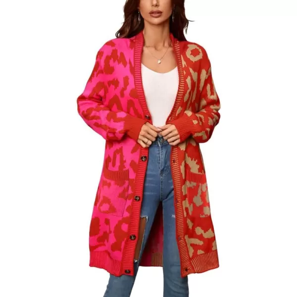 imagechouyatou Womens Color Block Leopard Print Button Down Long Knit Cardigan Sweaters with PocketsRose Red