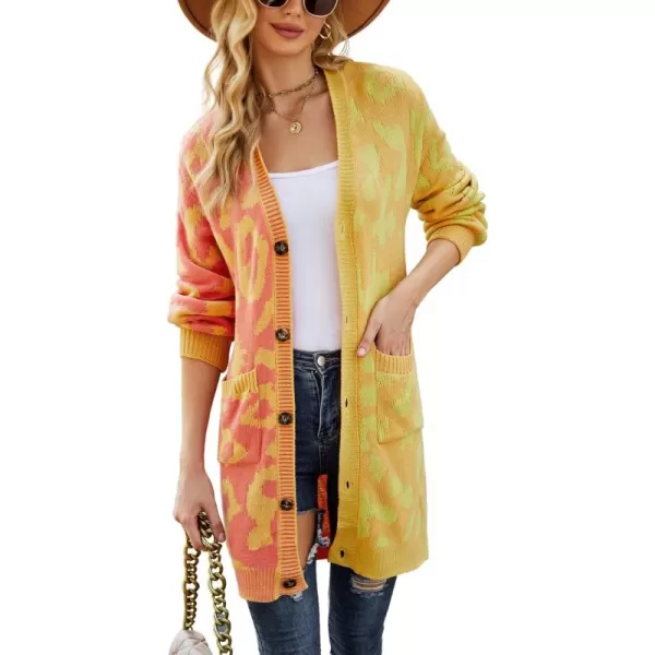 imagechouyatou Womens Color Block Leopard Print Button Down Long Knit Cardigan Sweaters with PocketsYellow
