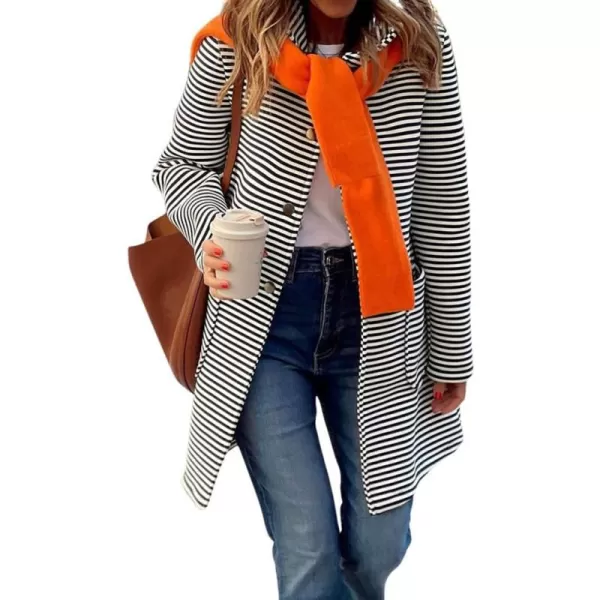 imagechouyatou Womens Color Block Striped Hooded Cardigan Sweaters Button Down Long Coatigan Jackets with PocketsBlack