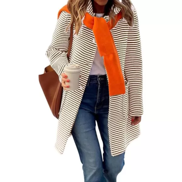 imagechouyatou Womens Color Block Striped Hooded Cardigan Sweaters Button Down Long Coatigan Jackets with PocketsBrown